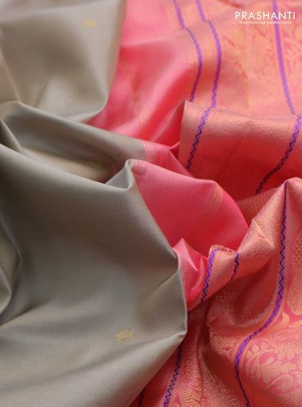 Pure kanchipuram silk saree grey and peach pink with zari woven buttas and rettapet zari woven border