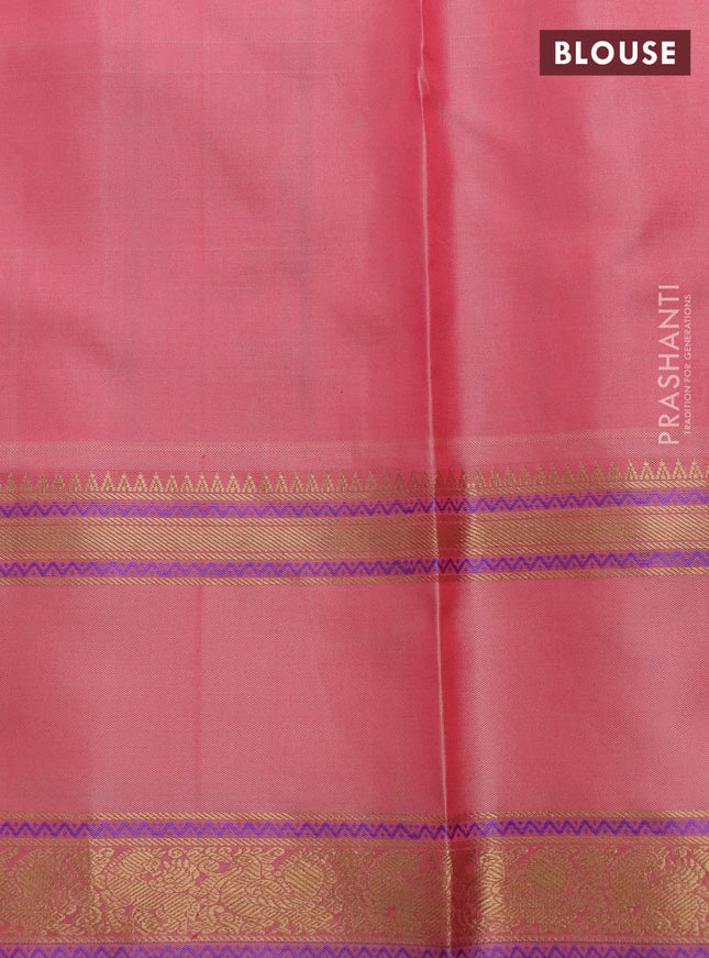 Pure kanchipuram silk saree grey and peach pink with zari woven buttas and rettapet zari woven border