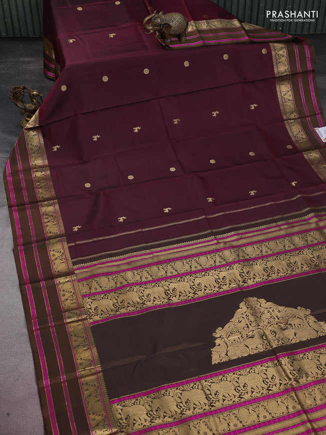 Pure kanchipuram silk saree wine shade and brown with zari woven buttas and annam & temple design zari border