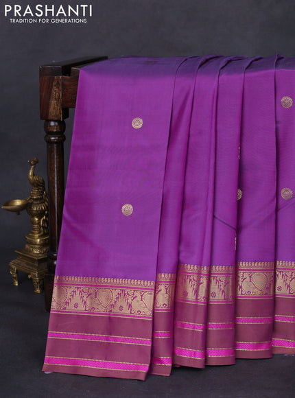 Pure kanchipuram silk saree purple with zari woven buttas and annam & temple design zari border