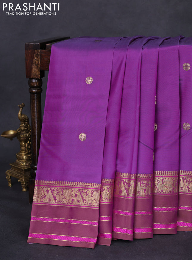Pure kanchipuram silk saree purple with zari woven buttas and annam & temple design zari border