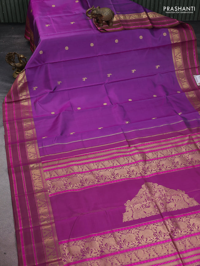 Pure kanchipuram silk saree purple with zari woven buttas and annam & temple design zari border