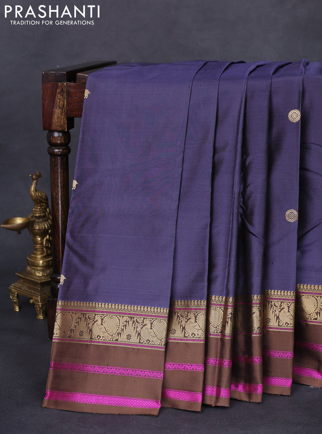 Pure kanchipuram silk saree bluish grey and brown with zari woven mayil chakkaram buttas and annam & temple design zari border