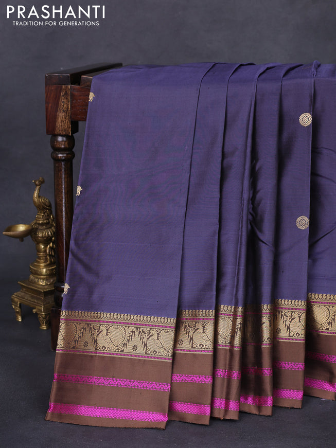 Pure kanchipuram silk saree bluish grey and brown with zari woven mayil chakkaram buttas and annam & temple design zari border