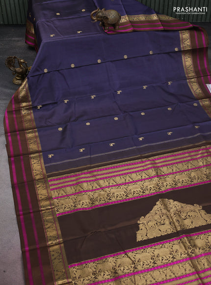Pure kanchipuram silk saree bluish grey and brown with zari woven mayil chakkaram buttas and annam & temple design zari border