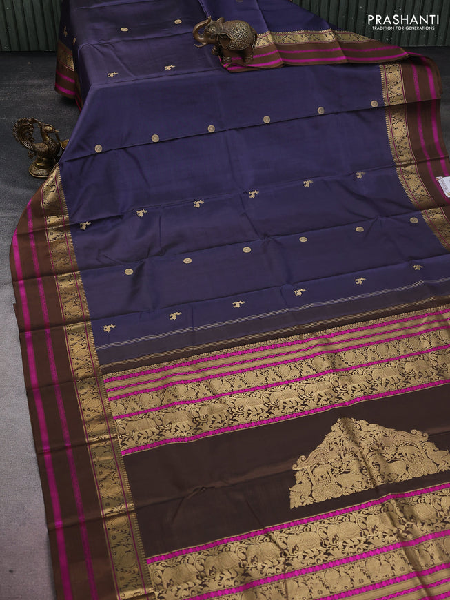 Pure kanchipuram silk saree bluish grey and brown with zari woven mayil chakkaram buttas and annam & temple design zari border