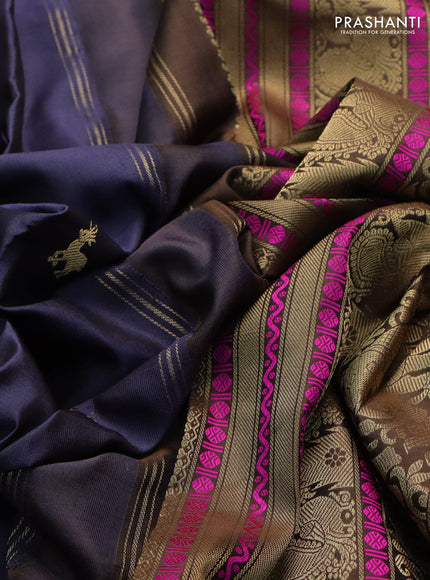 Pure kanchipuram silk saree bluish grey and brown with zari woven mayil chakkaram buttas and annam & temple design zari border