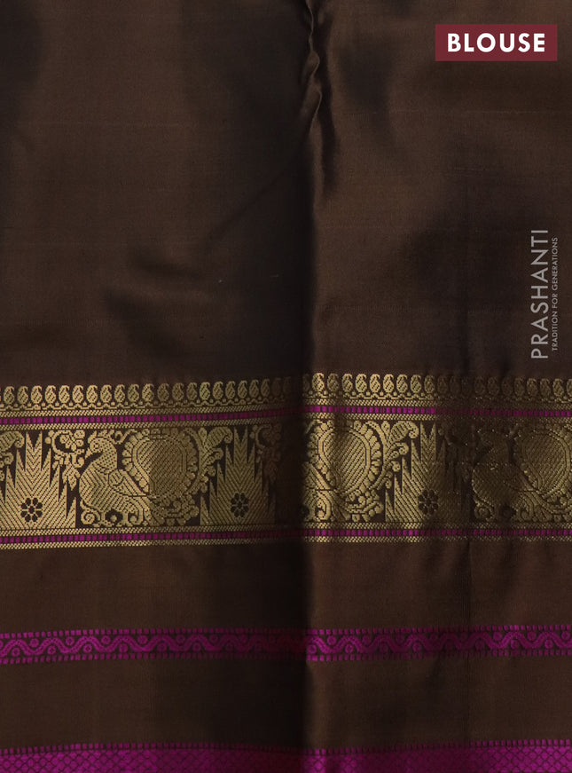 Pure kanchipuram silk saree bluish grey and brown with zari woven mayil chakkaram buttas and annam & temple design zari border