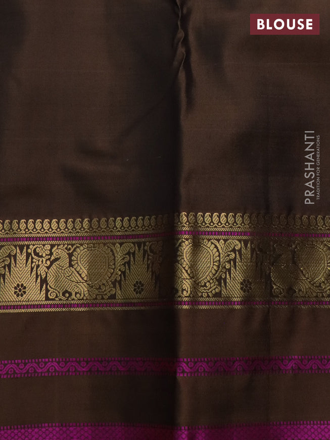 Pure kanchipuram silk saree bluish grey and brown with zari woven mayil chakkaram buttas and annam & temple design zari border