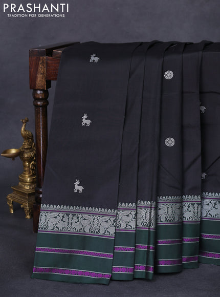 Pure kanchipuram silk saree black and dark green with thread woven mayil chakkaram buttas and thread woven border