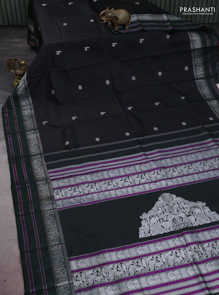 Pure kanchipuram silk saree black and dark green with thread woven mayil chakkaram buttas and thread woven border