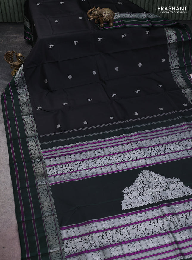 Pure kanchipuram silk saree black and dark green with thread woven mayil chakkaram buttas and thread woven border
