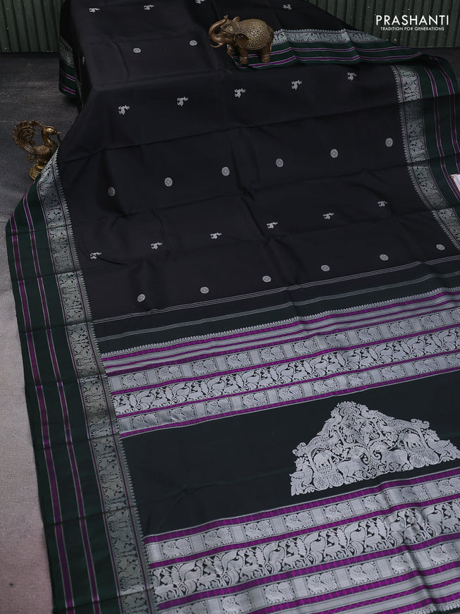 Pure kanchipuram silk saree black and dark green with thread woven mayil chakkaram buttas and thread woven border