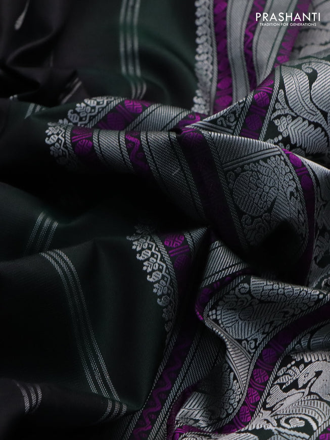 Pure kanchipuram silk saree black and dark green with thread woven mayil chakkaram buttas and thread woven border