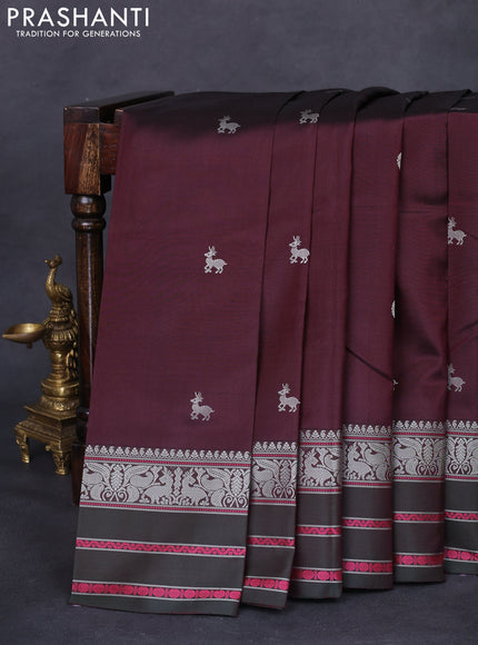 Pure kanchipuram silk saree brown and dark green with thread woven mayil chakkaram buttas and thread woven border