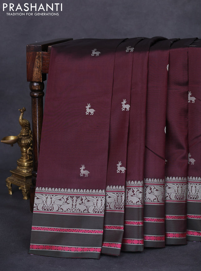 Pure kanchipuram silk saree brown and dark green with thread woven mayil chakkaram buttas and thread woven border