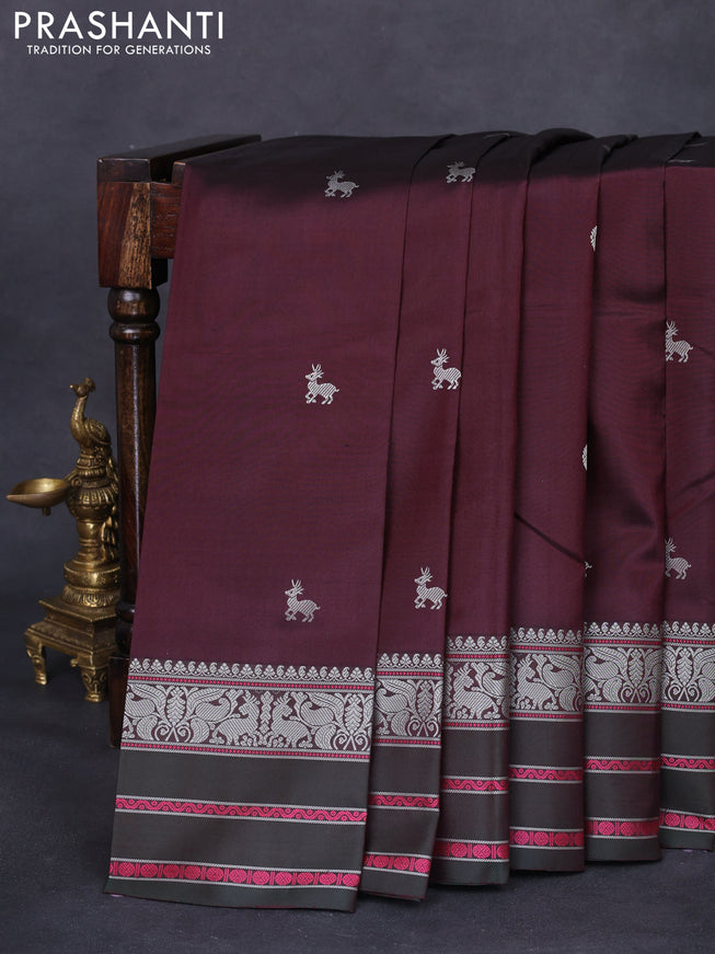 Pure kanchipuram silk saree brown and dark green with thread woven mayil chakkaram buttas and thread woven border