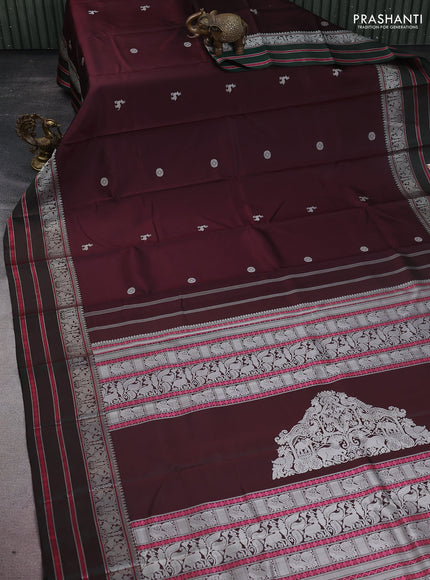 Pure kanchipuram silk saree brown and dark green with thread woven mayil chakkaram buttas and thread woven border