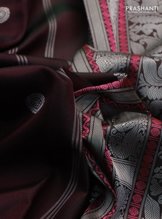 Pure kanchipuram silk saree brown and dark green with thread woven mayil chakkaram buttas and thread woven border