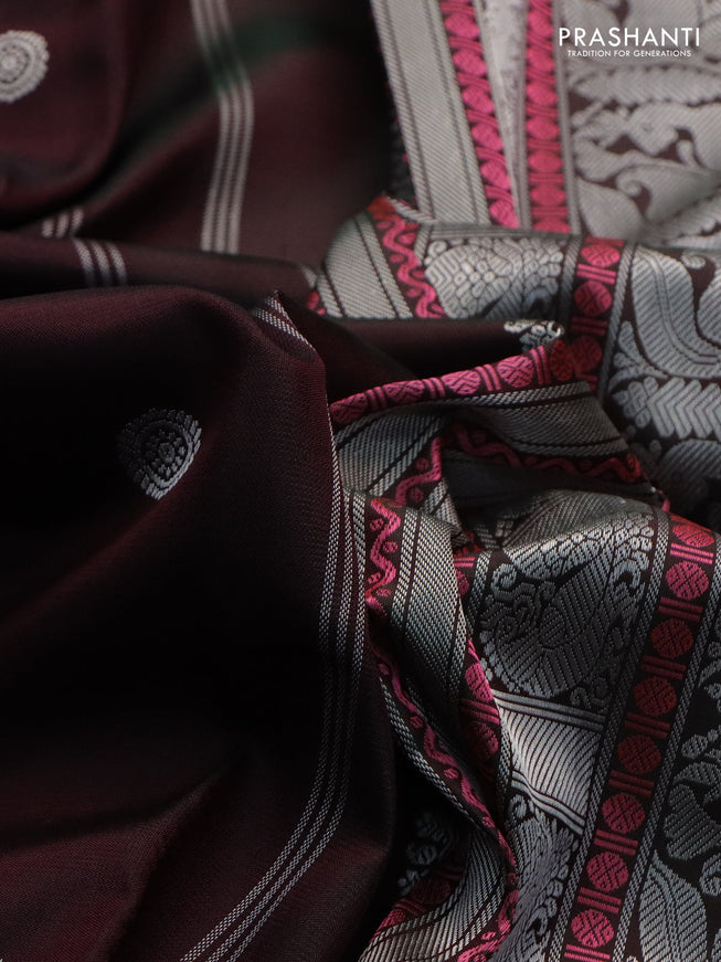 Pure kanchipuram silk saree brown and dark green with thread woven mayil chakkaram buttas and thread woven border