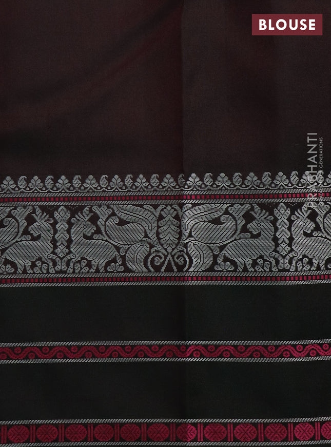Pure kanchipuram silk saree brown and dark green with thread woven mayil chakkaram buttas and thread woven border