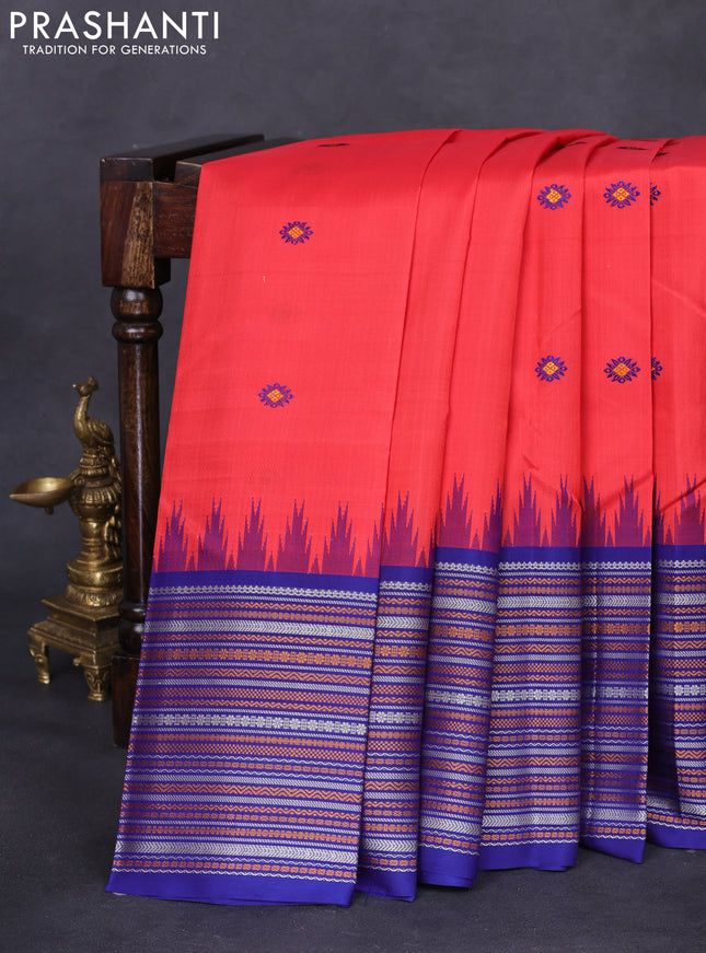 Pure kanchipuram silk saree reddish orange and blue with thread woven buttas and long temple design thread woven border