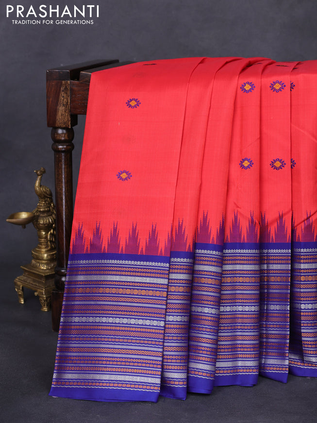 Pure kanchipuram silk saree reddish orange and blue with thread woven buttas and long temple design thread woven border
