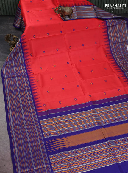 Pure kanchipuram silk saree reddish orange and blue with thread woven buttas and long temple design thread woven border
