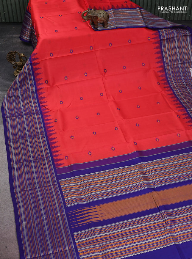Pure kanchipuram silk saree reddish orange and blue with thread woven buttas and long temple design thread woven border