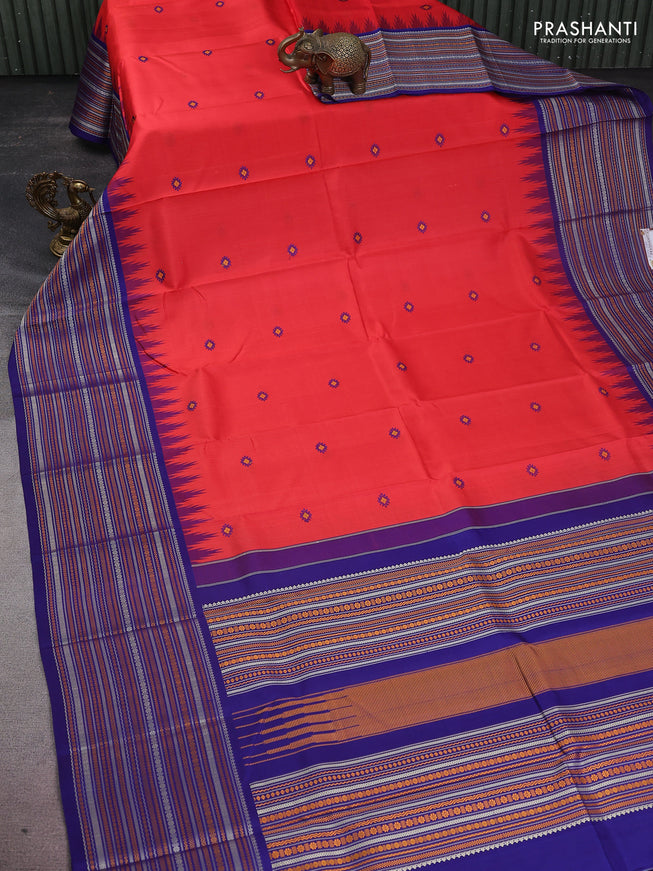 Pure kanchipuram silk saree reddish orange and blue with thread woven buttas and long temple design thread woven border