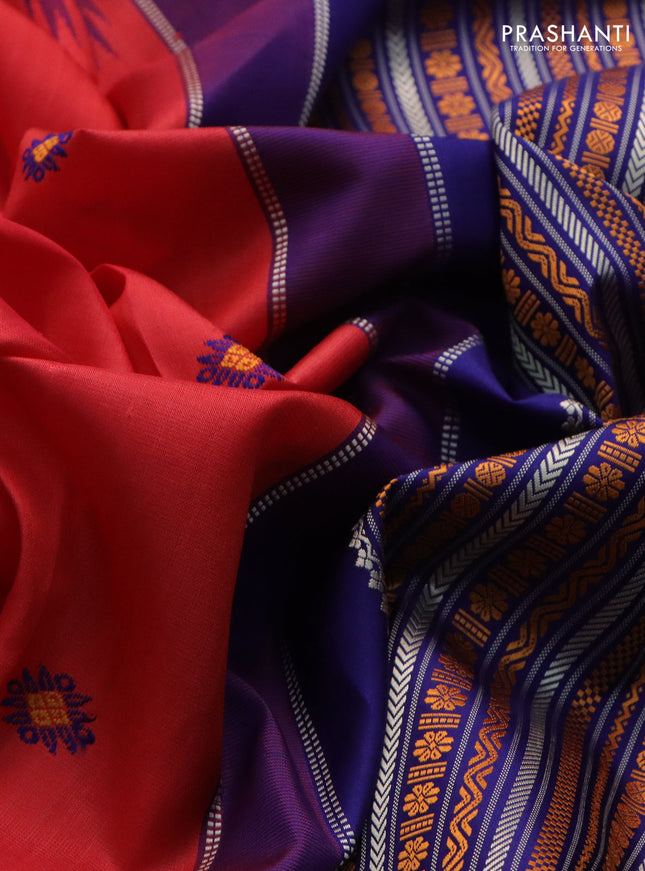 Pure kanchipuram silk saree reddish orange and blue with thread woven buttas and long temple design thread woven border