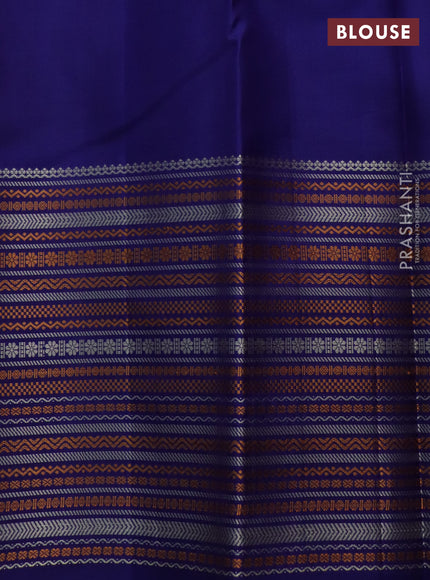 Pure kanchipuram silk saree reddish orange and blue with thread woven buttas and long temple design thread woven border