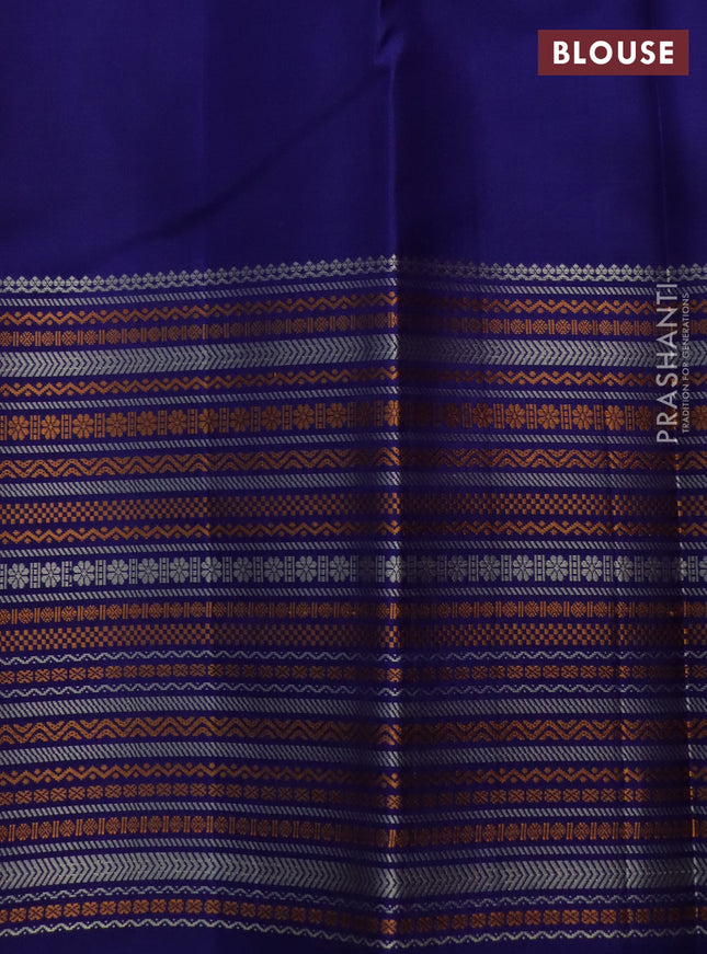 Pure kanchipuram silk saree reddish orange and blue with thread woven buttas and long temple design thread woven border