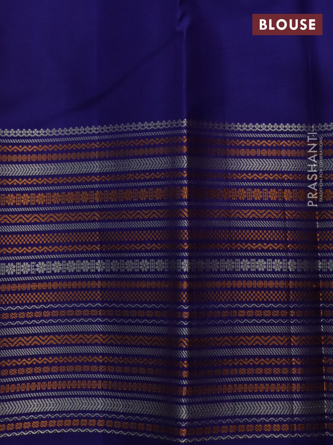 Pure kanchipuram silk saree reddish orange and blue with thread woven buttas and long temple design thread woven border