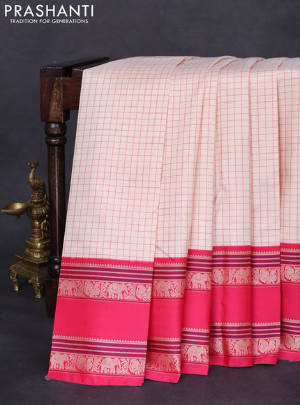 Pure kanchipuram silk saree cream and pink with allover checked pattern and rettapet thread woven border
