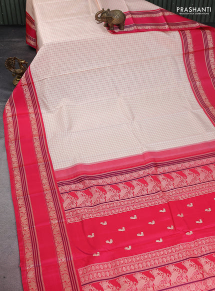 Pure kanchipuram silk saree cream and pink with allover checked pattern and rettapet thread woven border