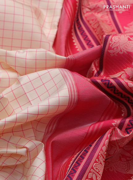 Pure kanchipuram silk saree cream and pink with allover checked pattern and rettapet thread woven border
