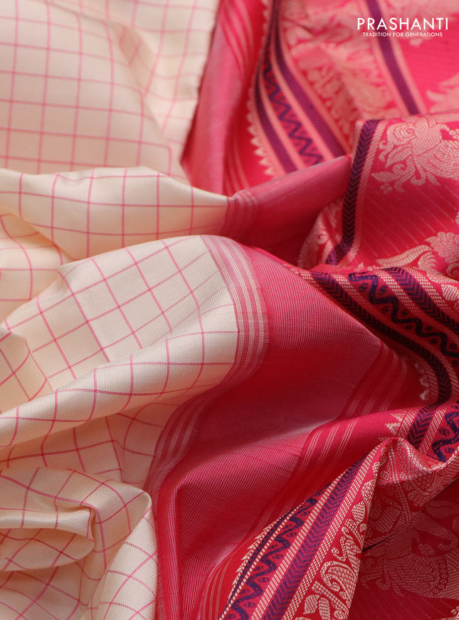 Pure kanchipuram silk saree cream and pink with allover checked pattern and rettapet thread woven border