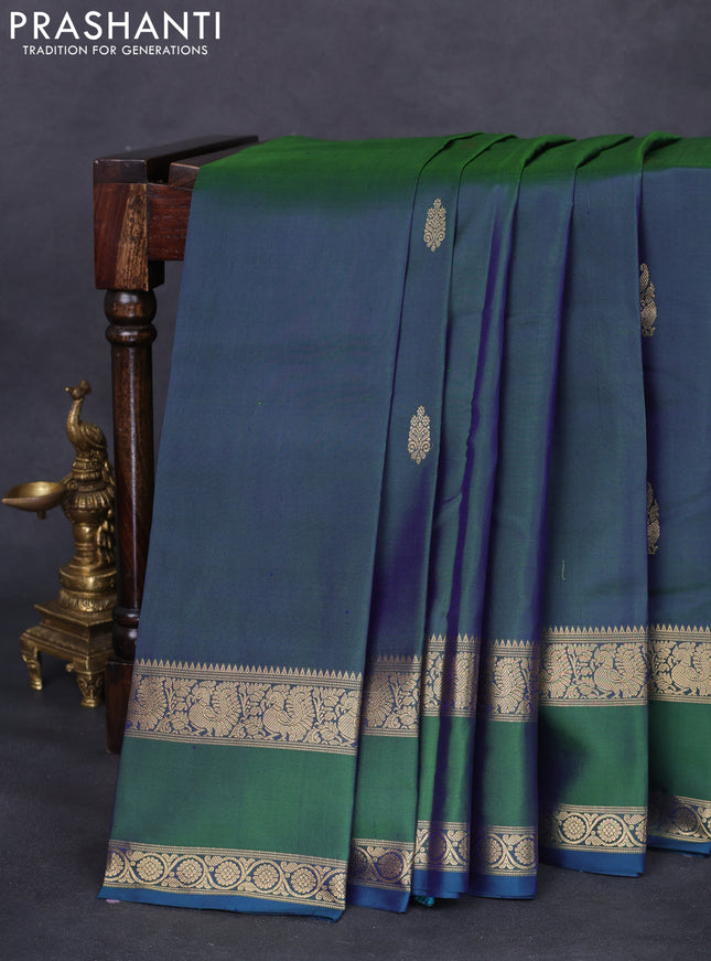 Pure kanchipuram silk saree dual shade of bluish green and dual shade of blue with zari woven buttas and rettapet zari woven border