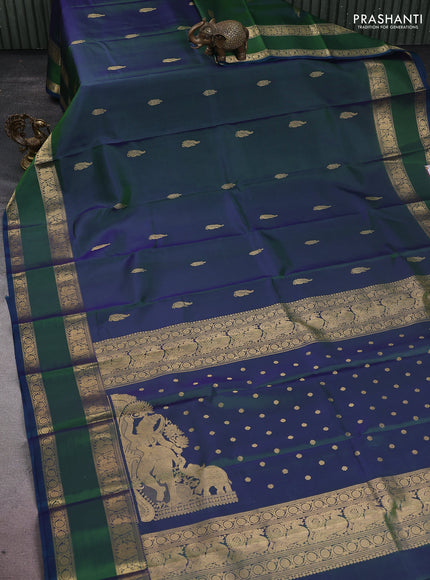 Pure kanchipuram silk saree dual shade of bluish green and dual shade of blue with zari woven buttas and rettapet zari woven border