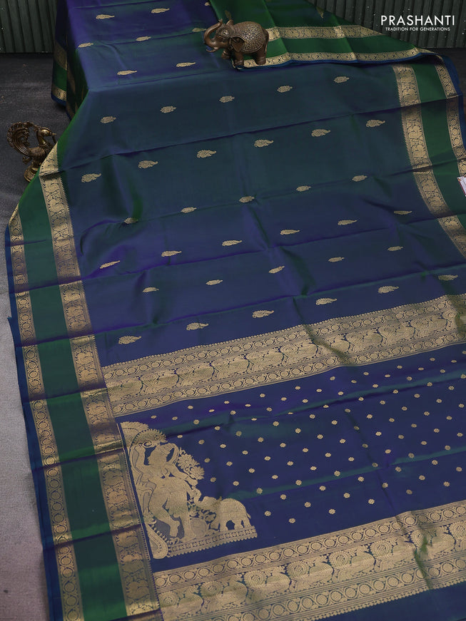 Pure kanchipuram silk saree dual shade of bluish green and dual shade of blue with zari woven buttas and rettapet zari woven border