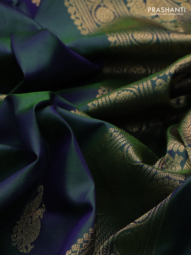 Pure kanchipuram silk saree dual shade of bluish green and dual shade of blue with zari woven buttas and rettapet zari woven border