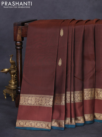 Pure kanchipuram silk saree brown and peacock green with zari woven buttas and rettapet zari woven border