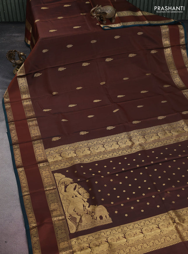 Pure kanchipuram silk saree brown and peacock green with zari woven buttas and rettapet zari woven border