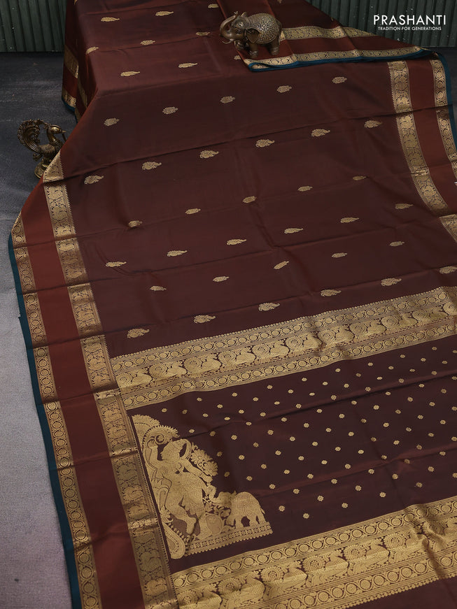 Pure kanchipuram silk saree brown and peacock green with zari woven buttas and rettapet zari woven border