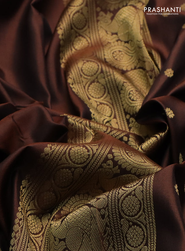 Pure kanchipuram silk saree brown and peacock green with zari woven buttas and rettapet zari woven border