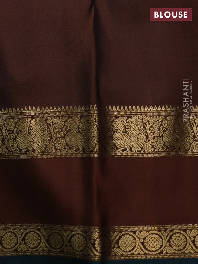 Pure kanchipuram silk saree brown and peacock green with zari woven buttas and rettapet zari woven border