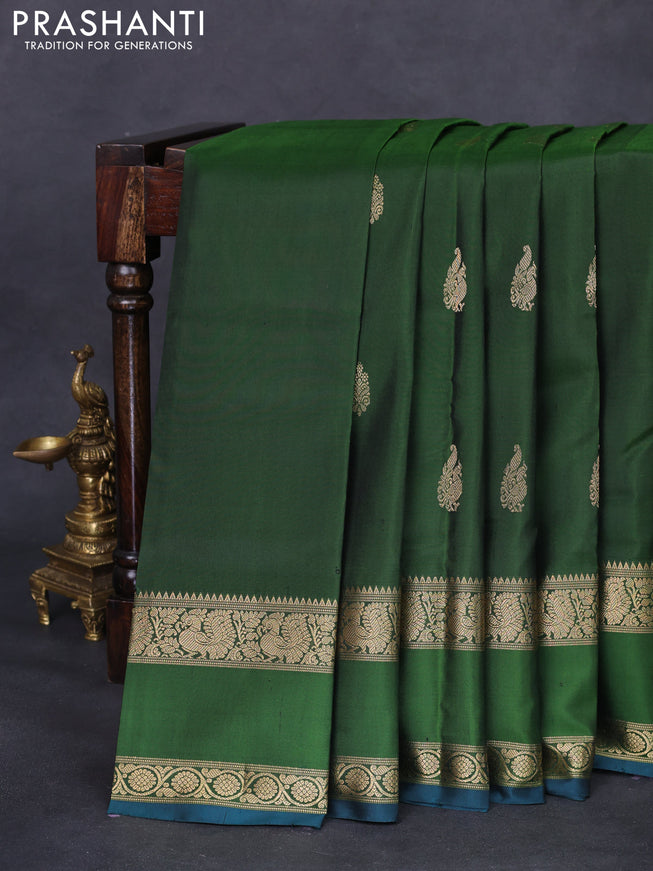 Pure kanchipuram silk saree green and peacock green with zari woven buttas and rettapet zari woven border