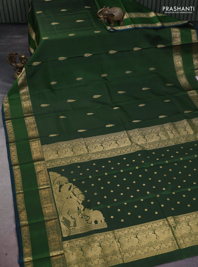 Pure kanchipuram silk saree green and peacock green with zari woven buttas and rettapet zari woven border