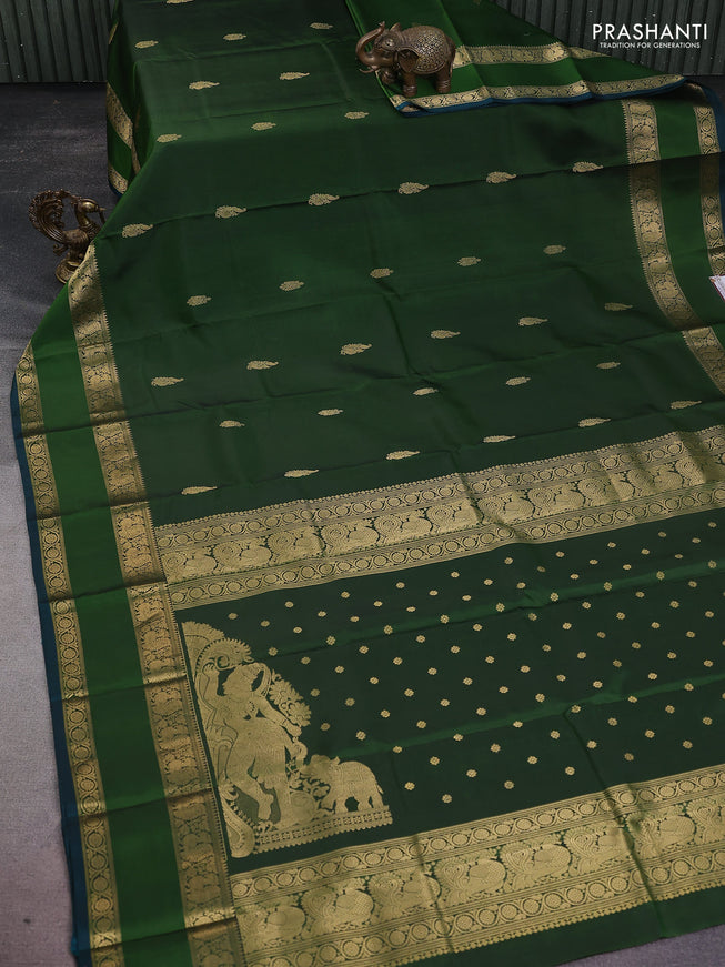 Pure kanchipuram silk saree green and peacock green with zari woven buttas and rettapet zari woven border
